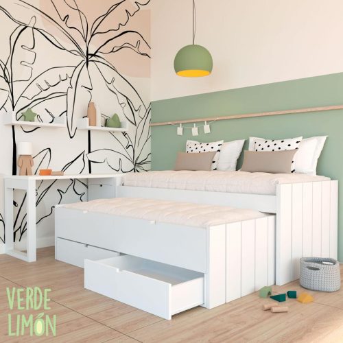 Cama compacta lacada mas mesa de estudio con arcon zapatero